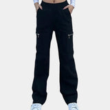Women's black high-waist slim fit cargo pants with zipper pockets, displayed in an XL size.