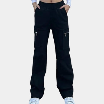 Women's black high-waist slim fit cargo pants with zipper pockets, displayed in an XL size.