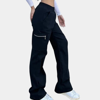 Women's black high-waist slim fit cargo pants with zipper pockets, showcasing a stylish and functional design, featuring a flattering waistline and ample storage options.
