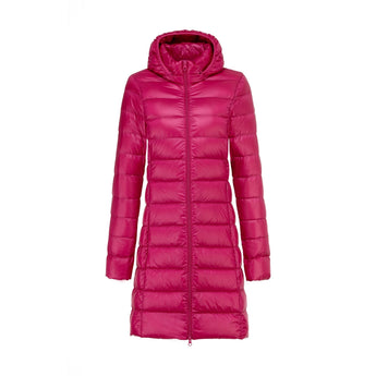 Women's pink red hooded puffer coat, long quilted design, insulated for warmth, with a collar and long sleeves, size 3XL.