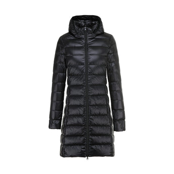 A long black hooded puffer coat for women, featuring a quilted insulated design, suitable for cold weather. The coat has a collar and long sleeves, designed to provide warmth and comfort.
