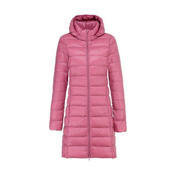 Women's black hooded puffer coat in a long quilted insulated jacket style, featuring rose magenta color accents, with a collar, zipper closure, and fur-trimmed hood, designed for plus size 3XL.