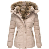 Women's beige insulated parka with a fur-trimmed hood, featuring a stylish design with spacious pockets, long sleeves, and a comfortable fit in size 5XL.
