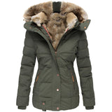 Women's green insulated parka in size 5XL featuring a fur-trimmed hood, long sleeves, and practical pockets, designed for warmth and style.