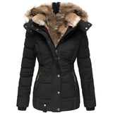 Women's black insulated parka, featuring a fur-trimmed hood, long sleeves, and multiple pockets, in size 5XL.