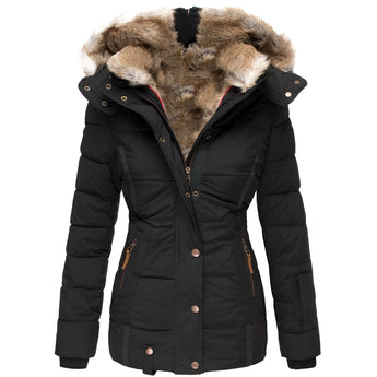 Women's black insulated parka, featuring a fur-trimmed hood, long sleeves, and multiple pockets, in size 5XL.