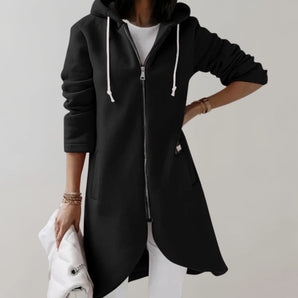 
A chic women's black longline hooded coat designed as stylish outerwear, available in size 3XL. The coat features long sleeves and a well-defined collar, offering a sophisticated and elegant look.
