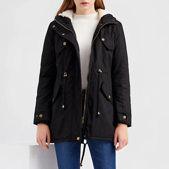 
A women's black parka in size 5XL featuring a waterproof exterior, thermal insulation, and a faux fur hood. The parka has a classic design with a button-up front, long sleeves, and a waist-length fit.