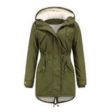 Women's light green parka in size 5XL featuring a thermal, waterproof design with a faux fur hood, long sleeves, and a high collar, suitable for cold weather.