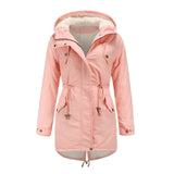 Women's black thermal parka with a faux fur hood, featuring a buttoned front, long sleeves, and a rose-colored interior lining in size 5XL.