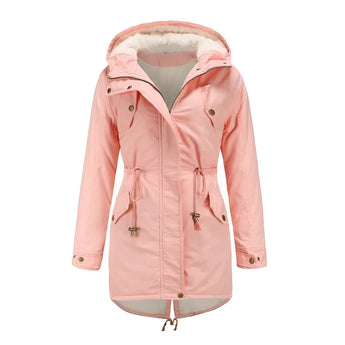Women's black thermal parka with a faux fur hood, featuring a buttoned front, long sleeves, and a rose-colored interior lining in size 5XL.