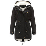 Women's black parka featuring a thermal, waterproof design with a faux fur hood, showing details of the collar, sleeves, and overall fit on a human body.