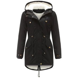 Women's black parka featuring a thermal, waterproof design with a faux fur hood, showing details of the collar, sleeves, and overall fit on a human body.