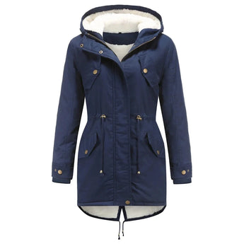 Women's blue parka coat with a faux fur hood, featuring thermal insulation and waterproof materials, designed as outerwear with long sleeves and button closure.