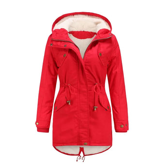 Red women's parka with a thermal and waterproof design, featuring a faux fur hood, long sleeves, and a structured collar.