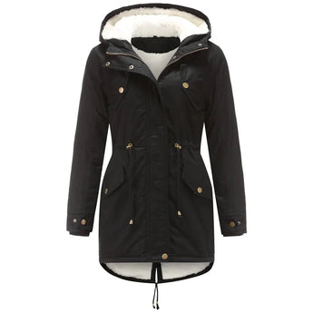 Women's black parka with a waterproof and thermal insulated design, featuring a collar and long sleeves.