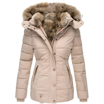 Women's beige puffer jacket with faux fur collar, showcasing a stylish and insulated design, suitable for plus-size wear with long sleeves.