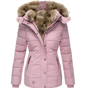 
A stylish women's black puffer jacket featuring a luxurious faux fur collar, shown in a 5XL size with a rose pink color variant. The jacket is insulated, providing warmth and comfort, with a sleek outerwear design that includes long sleeves and a fashionable collar.