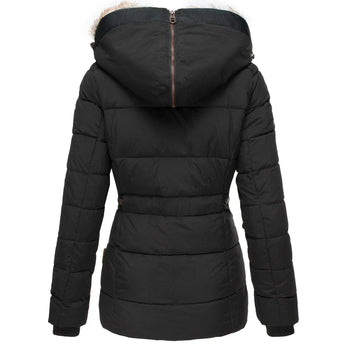 
A women's black puffer jacket with a faux fur collar, featuring sleeves, pockets, and an insulated design for warmth, available in XXL size.