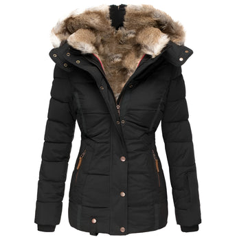 Women's black puffer jacket with a faux fur collar, featuring long sleeves and an insulated design, size 5XL.