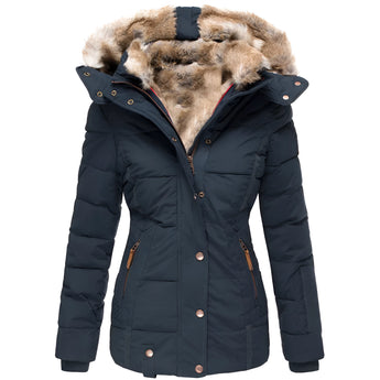 
An insulated and stylish women's puffer jacket in electric blue, featuring a faux fur collar and long sleeves, available in size 5XL.