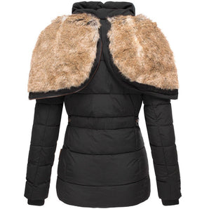 
A women's black puffer jacket featuring a stylish faux fur collar, insulated design, and full-length sleeves.