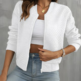 Women's white quilted bomber jacket in size 3XL, showcasing the shoulder and sleeve details, suitable for trendy fall layering.