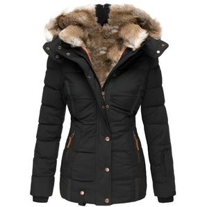 Women's black quilted parka with a fur-lined hood, featuring thermal and windproof properties, in a size 5XL.