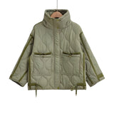 Army green women's quilted puffer jacket with a hood, featuring long sleeves, a fur-trimmed collar, and front pockets.