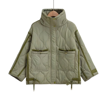 Army green women's quilted puffer jacket with a hood, featuring long sleeves, a fur-trimmed collar, and front pockets.