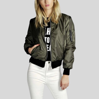 Women's green satin bomber jacket in size 2XL, featuring a zip-up front, long sleeves, and a stylish collar, perfect for a lightweight outerwear option.