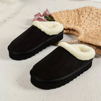 Women's Black Shearling Fuzzy Lined Platform Loafers in size 41, featuring a plush shearling lining and a sleek black exterior, displayed on hardwood flooring.
