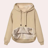Women's khaki fleece pullover hoodie with Sherpa lining, featuring long sleeves, a cozy collar, and a warm winter design in XL size.
