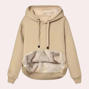 Women's khaki fleece pullover hoodie with Sherpa lining, featuring long sleeves, a cozy collar, and a warm winter design in XL size.