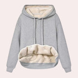 Women's Sherpa Lined Fleece Pullover Hoodie in Gray, size XL, featuring a cozy fur-lined interior for warmth, long sleeves, and a comfortable fit ideal for winter wear.