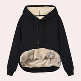 Women's black sherpa lined fleece pullover hoodie in size XL, featuring a warm winter design with a hood and long sleeves, ideal for cold weather.