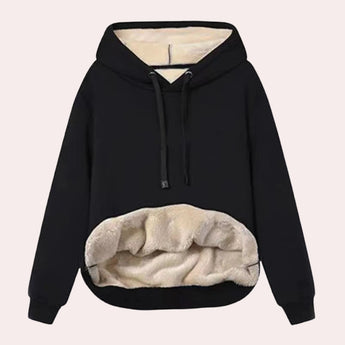 Women's black sherpa lined fleece pullover hoodie in size XL, featuring a warm winter design with a hood and long sleeves, ideal for cold weather.