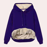 Women's blue sherpa lined fleece pullover hoodie in XL size, featuring long sleeves and a cozy collar, made from natural materials for warm winter wear.