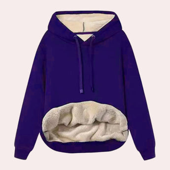 Women's blue sherpa lined fleece pullover hoodie in XL size, featuring long sleeves and a cozy collar, made from natural materials for warm winter wear.