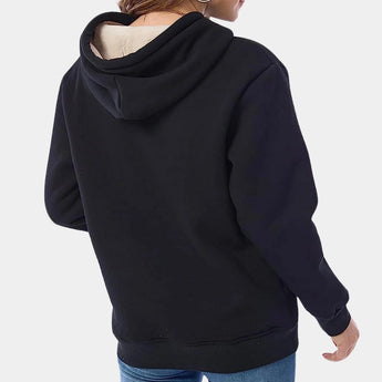 Women's black sherpa lined fleece pullover hoodie with long sleeves and a cozy collar, designed for warmth during winter.