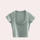 Women's light green short-sleeve scoop neck crop top in size 2XL, designed for summer fashion.
