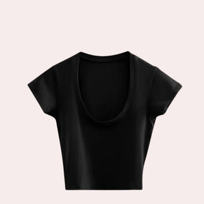 Women's black short-sleeve scoop neck crop top in size 2XL, designed for summer fashion.