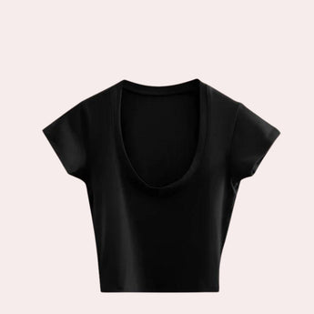 Women's black short-sleeve scoop neck crop top in size 2XL, designed for summer fashion.