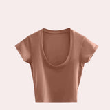 Women's black short-sleeve scoop neck crop top in a khaki color, size 2XL, designed for summer fashion.