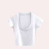 
A women's black short-sleeve scoop neck crop top suitable for summer fashion, displayed in a size 2XL, featuring a simple and stylish design.