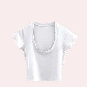 
A women's black short-sleeve scoop neck crop top suitable for summer fashion, displayed in a size 2XL, featuring a simple and stylish design.