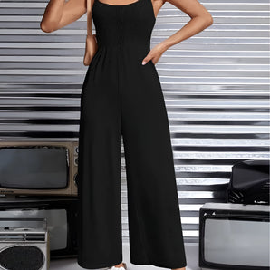 Women's black sleeveless wide-leg spandex jumpsuit, featuring a fitted waist, round neckline, and stylish urban summer design.