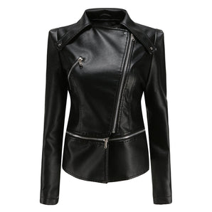 Women's black slim fit asymmetrical zip leather biker jacket with a stylish collar and long sleeves.