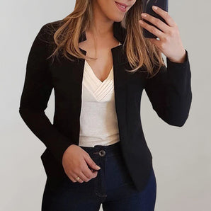 Women's black slim fit blazer in size 5XL, featuring a tailored design with a classic collar, long sleeves, and a fitted waist. Ideal for office and casual wear.