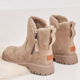 Women's black suede waterproof fur-lined winter ankle boots with apricot color accents, displayed in size 42, featuring a fashionable design suitable for outdoor wear.